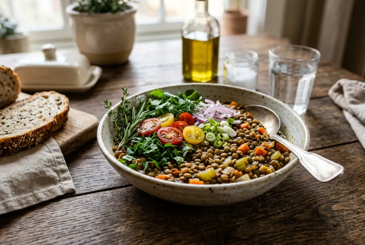 Ciotola di lenticchie cotte con verdure fresche e erbe aromatiche su tavola di legno