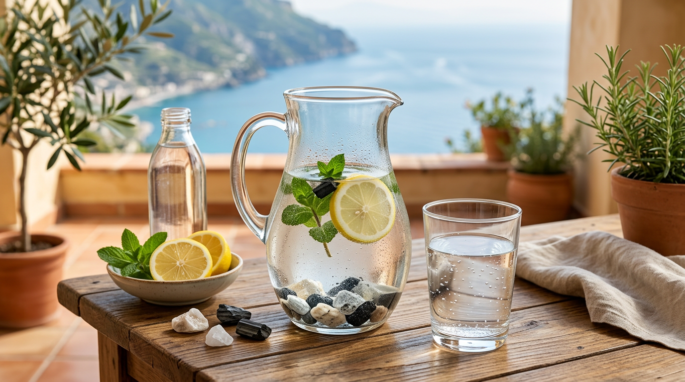 Brocca di vetro trasparente piena d'acqua con fette di limone giallo e foglie di menta verde.
