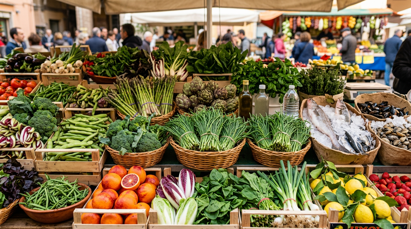 Un mazzo fresco di agretti, o barba di frate, appena raccolti su un tagliere di legno con limoni.