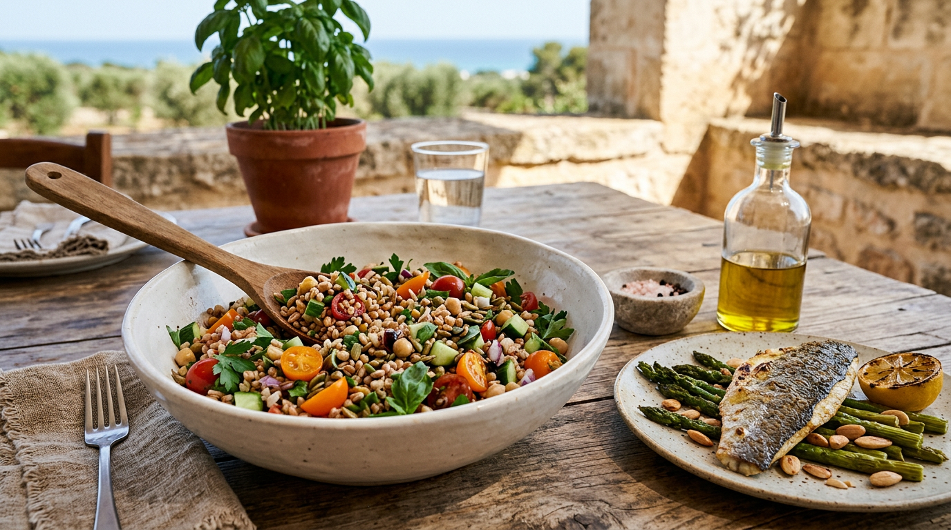 Tavola in legno rustico con una selezione di alimenti sani e colorati: verdure fresche, pesce alla griglia, una ciotola di legumi e frutta di stagione.