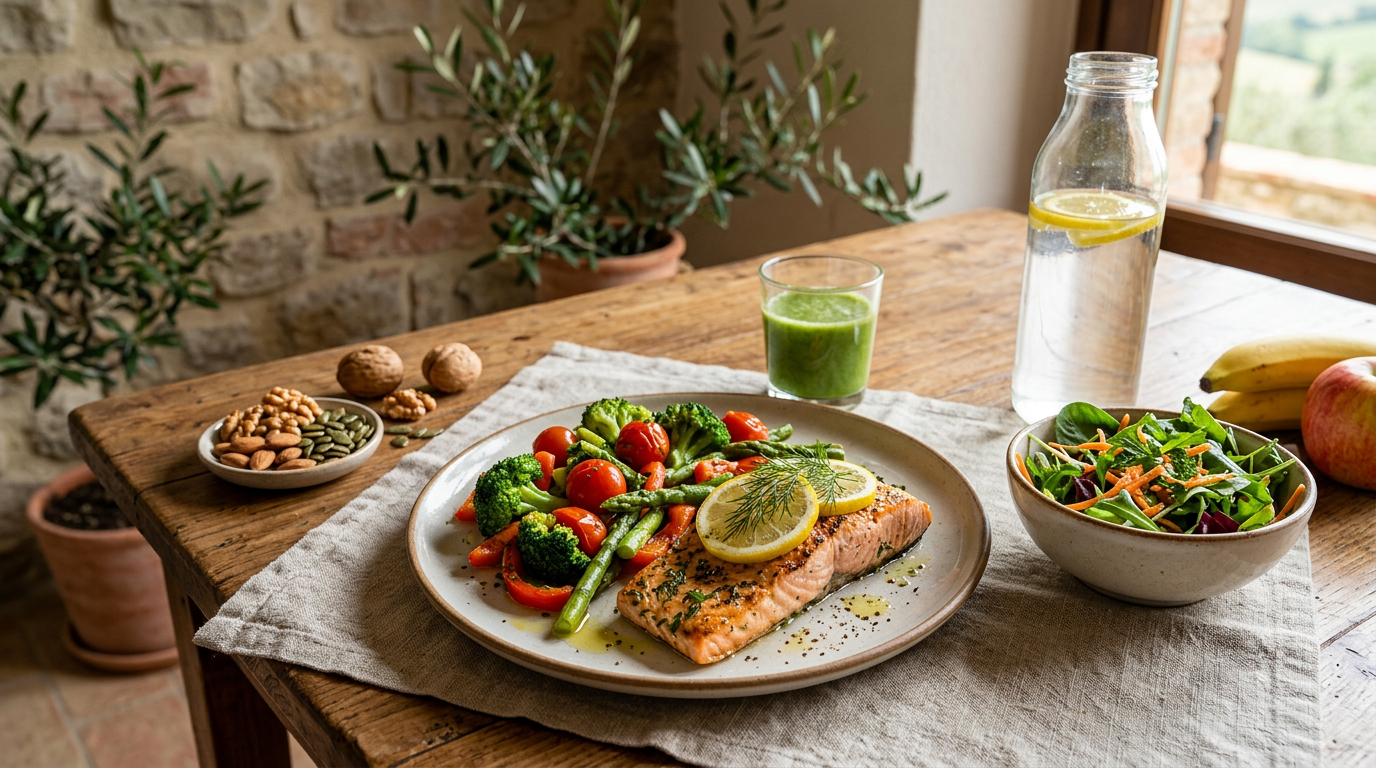 Piatto sano per sportivi con salmone grigliato, quinoa e verdure fresche colorate