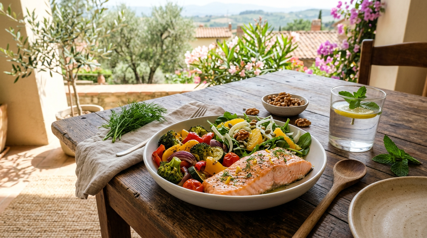 Ciotola colorata con fragole, mirtilli, noci e semi di chia su un tavolo di legno.