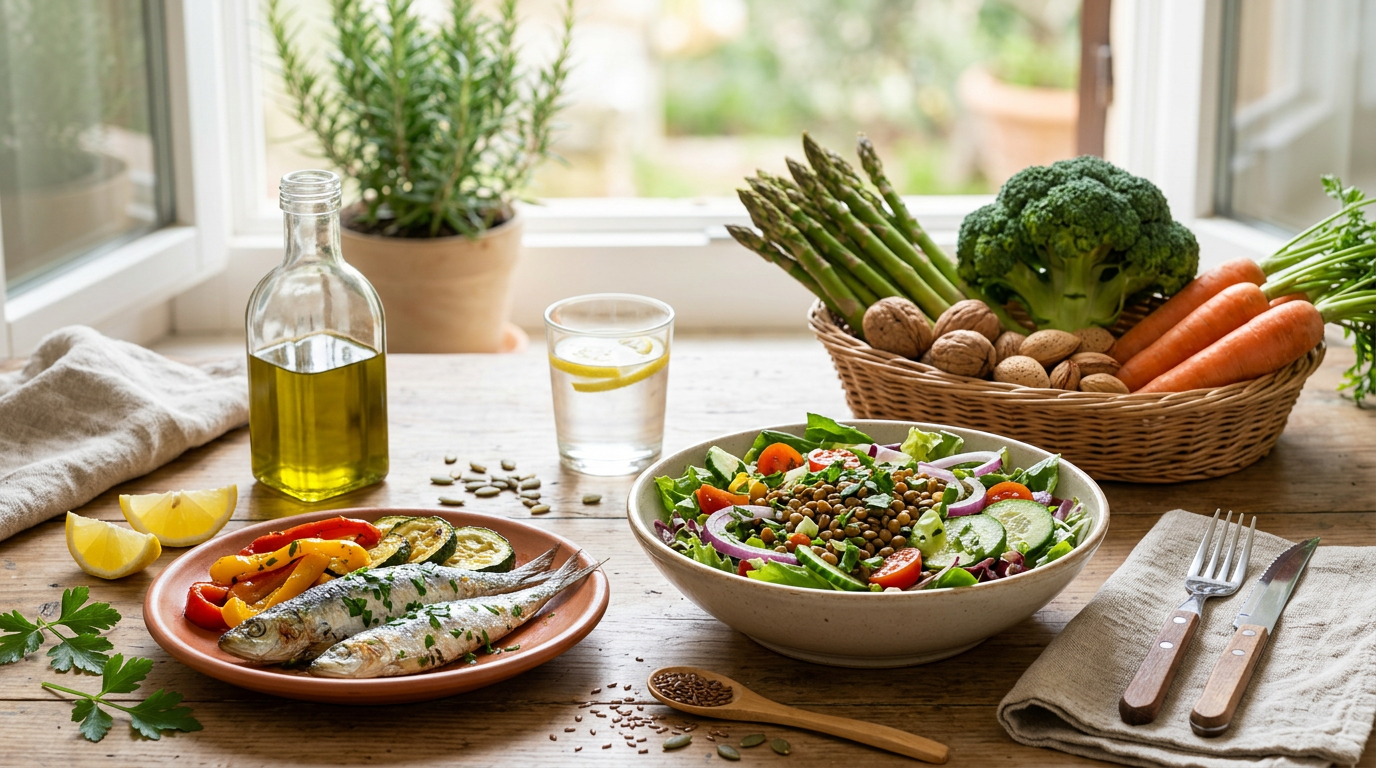 Donna di mezza età sorridente che mangia una ciotola di frutta fresca con bacche e semi, simbolo di benessere in menopausa.