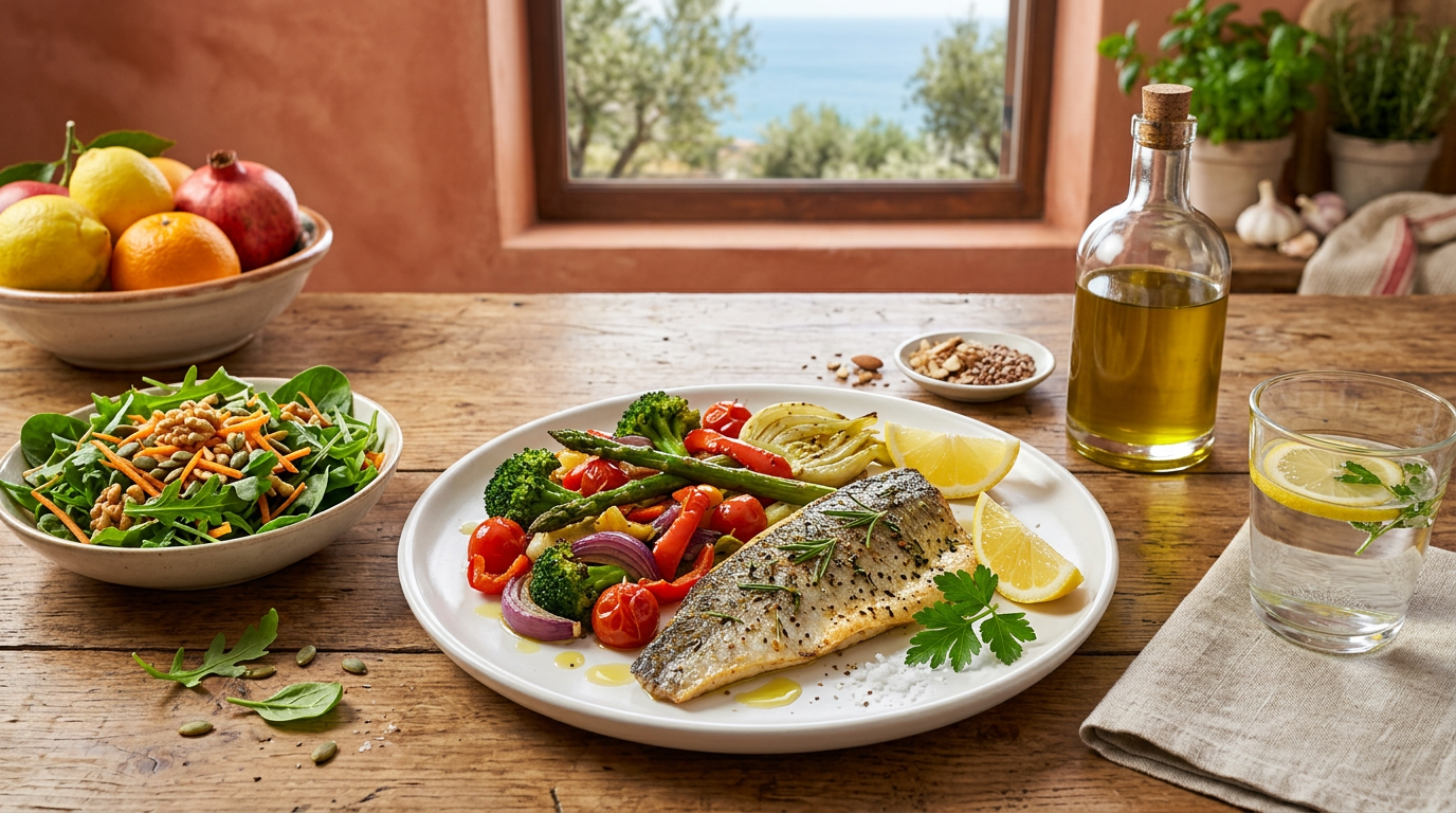 Donna sorridente di mezza età che prepara un'insalata colorata in una cucina luminosa.