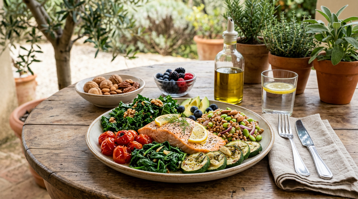 Una selezione di alimenti sani per il cervello come pesce, noci, mirtilli e verdure a foglia verde disposti su un tavolo di legno.