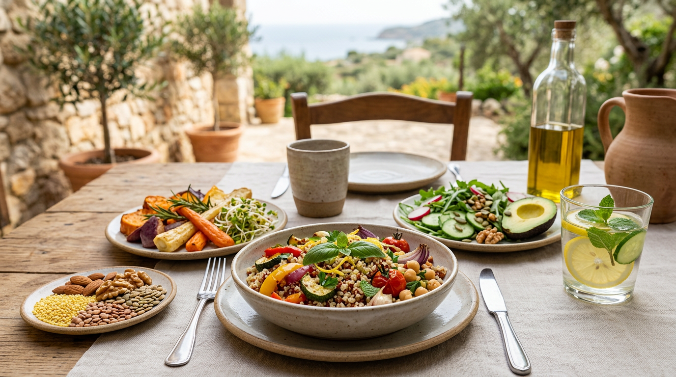 Composizione di alimenti a basso indice glicemico come quinoa, verdure a foglia verde, legumi, noci e frutti di bosco.