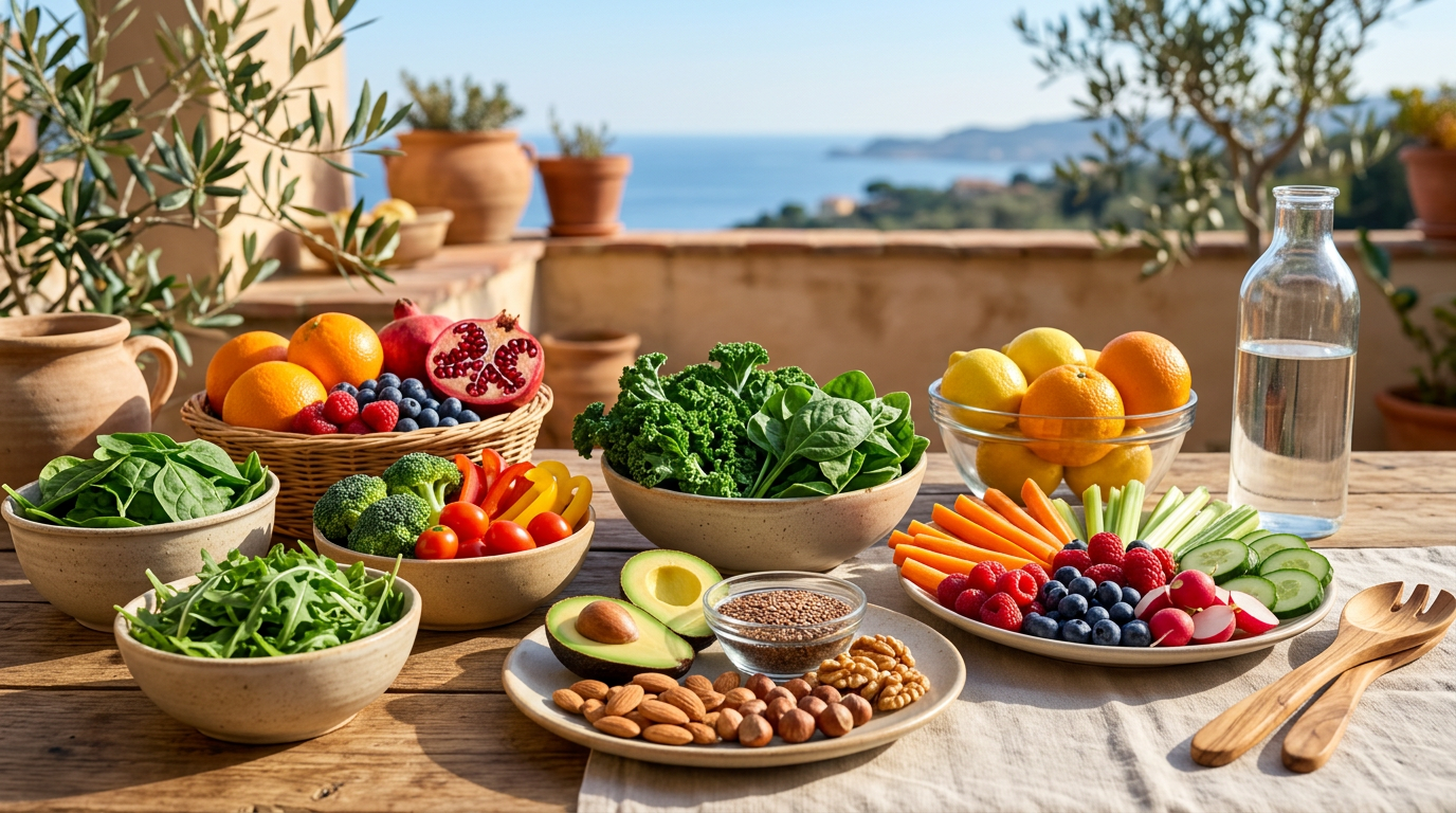 Selezione di alimenti sani per le gengive come verdure a foglia verde, agrumi e noci