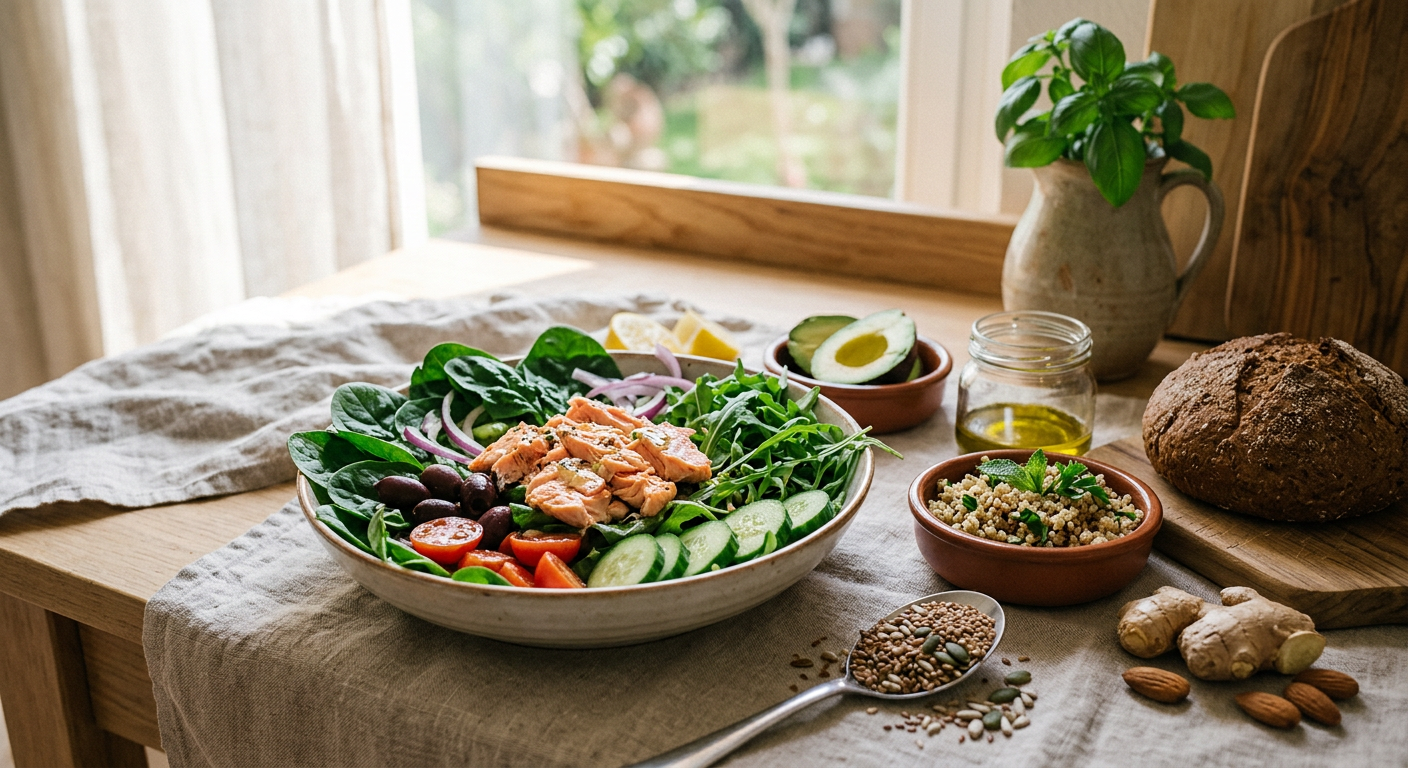 Selezione di alimenti salutari per la sindrome premestruale, tra cui salmone, avocado, noci e verdure a foglia verde, disposti su un tavolo di legno chiaro.