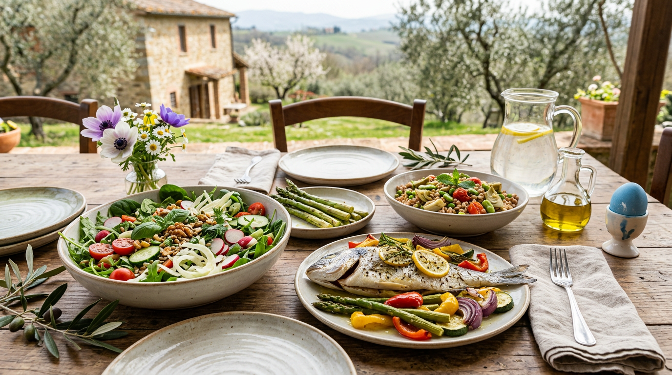 Tavolo imbandito con pietanze pasquali tradizionali e alternative più leggere, con verdure fresche e frutta secca.