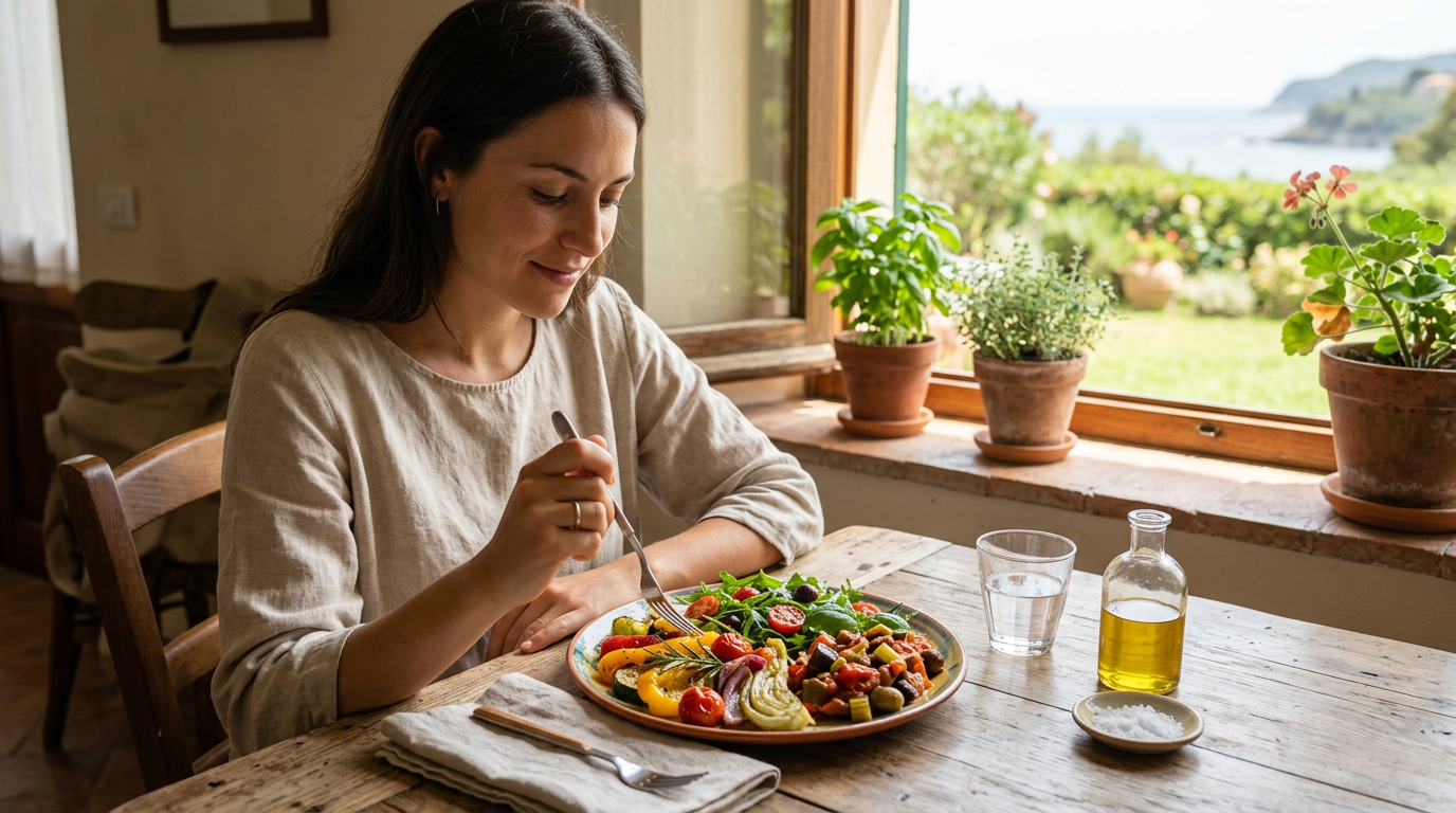 Donna che pratica yoga e meditazione in un ambiente luminoso, simbolo di benessere e ascolto del corpo.