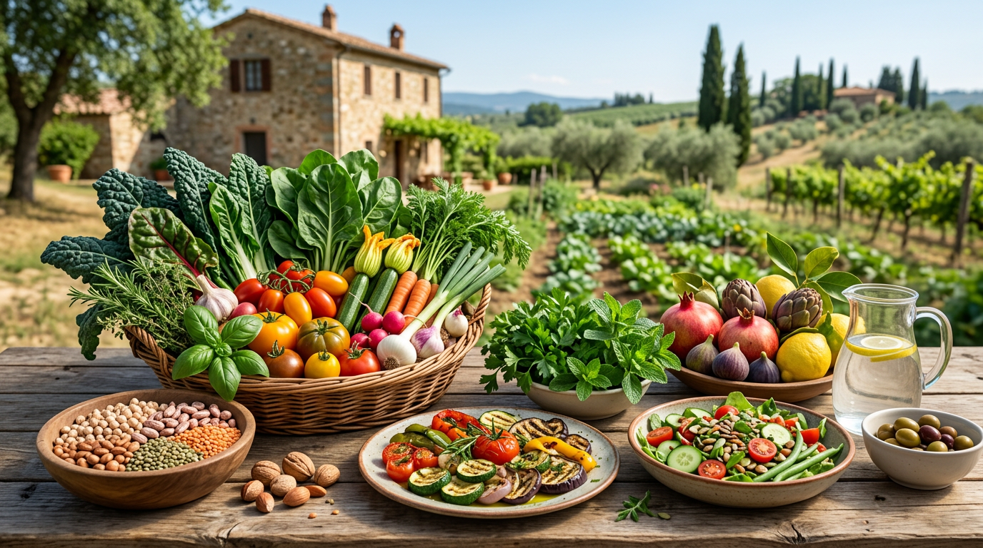 Verdure fresche di stagione in un cesto di vimini, con pomodori, zucchine e insalata.