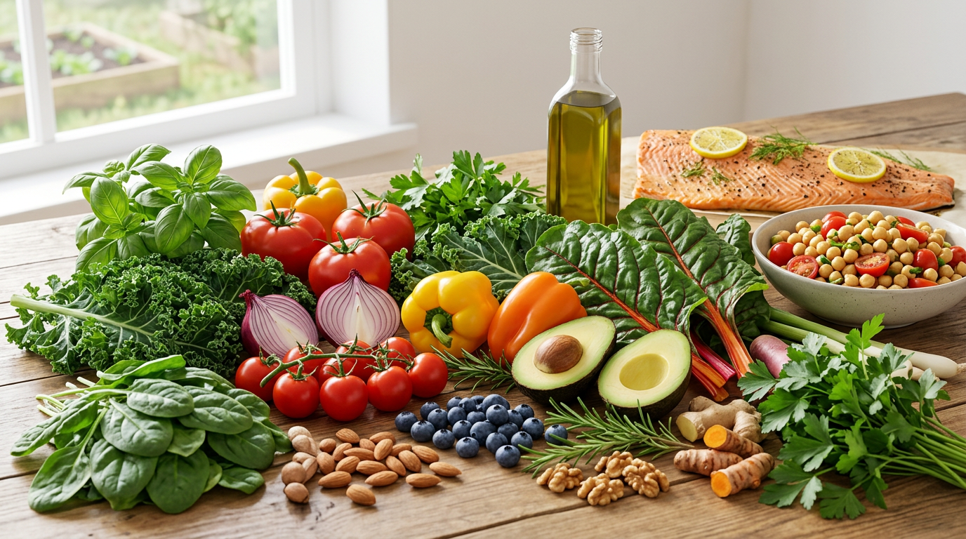 Varietà di alimenti freschi e colorati su un tagliere di legno, inclusi verdure a foglia verde, bacche rosse, noci, semi di chia e olio extravergine di oliva.