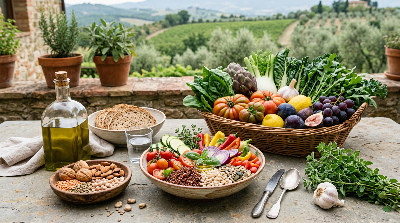 Campo di coltura biologica con piante verdi e rigogliose sotto un cielo azzurro, simbolo di agricoltura sostenibile.
