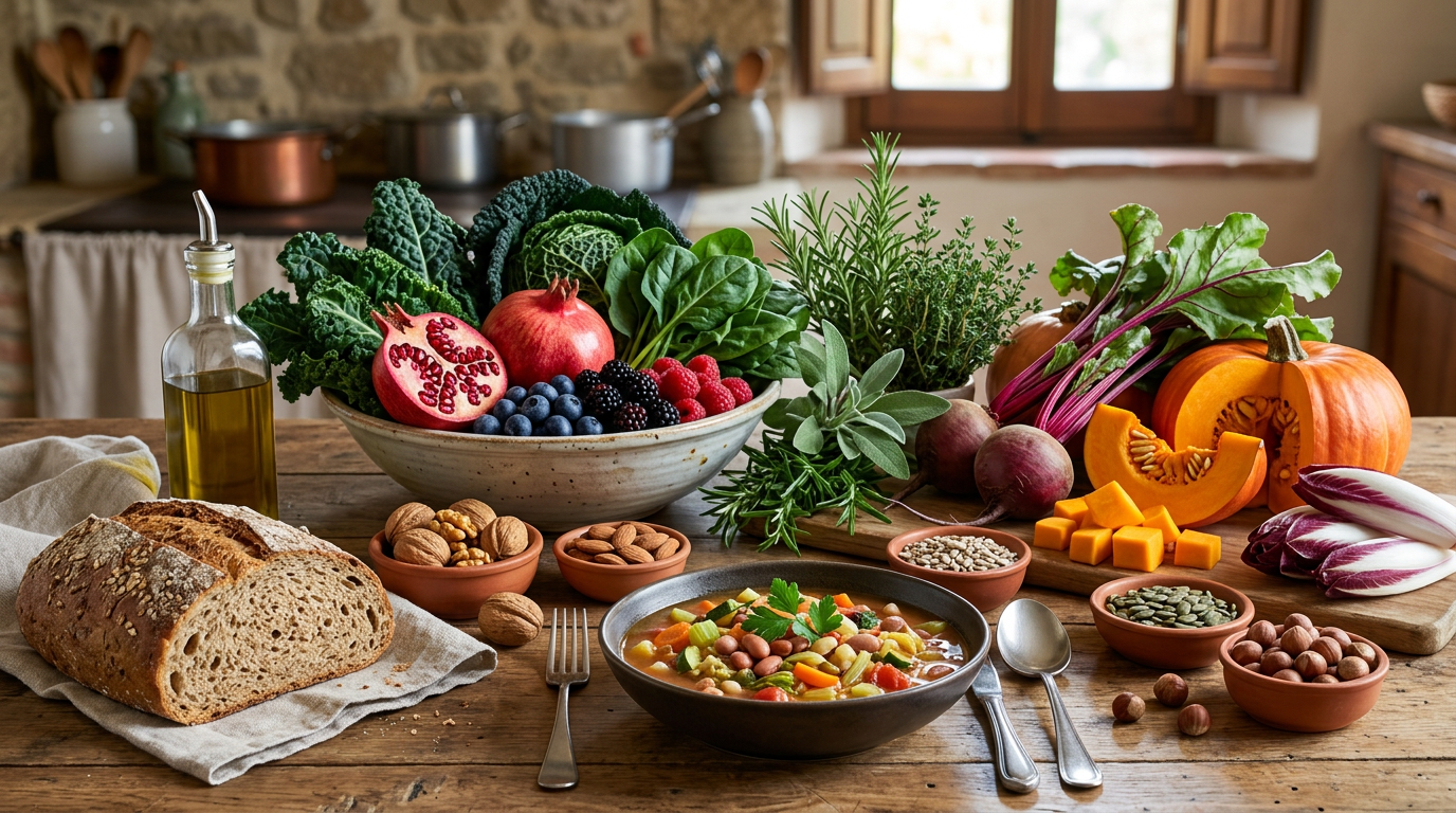 Cesto colorato con frutta e verdura fresca di stagione come frutti di bosco, agrumi e verdure a foglia verde
