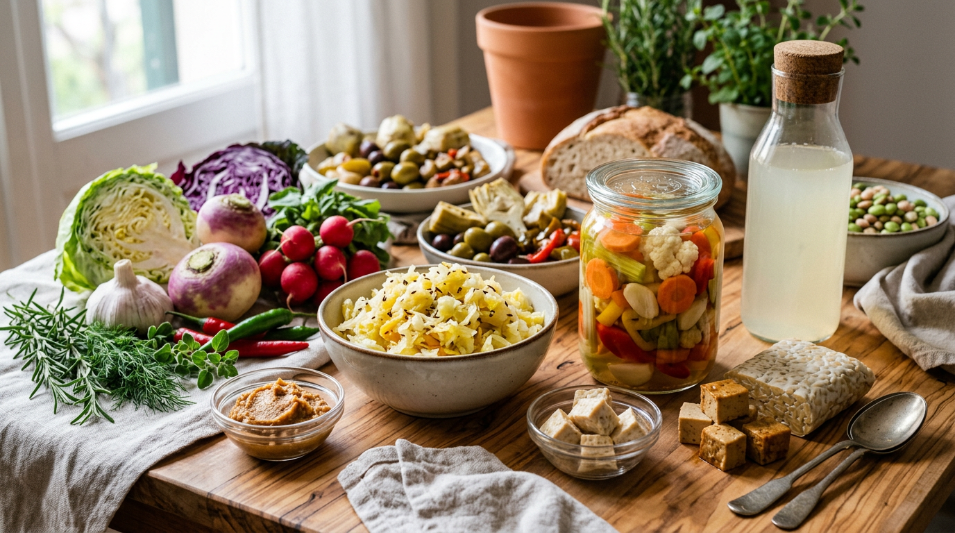 Ciotole di vetro con diversi tipi di alimenti fermentati come kimchi, crauti e verdure colorate.