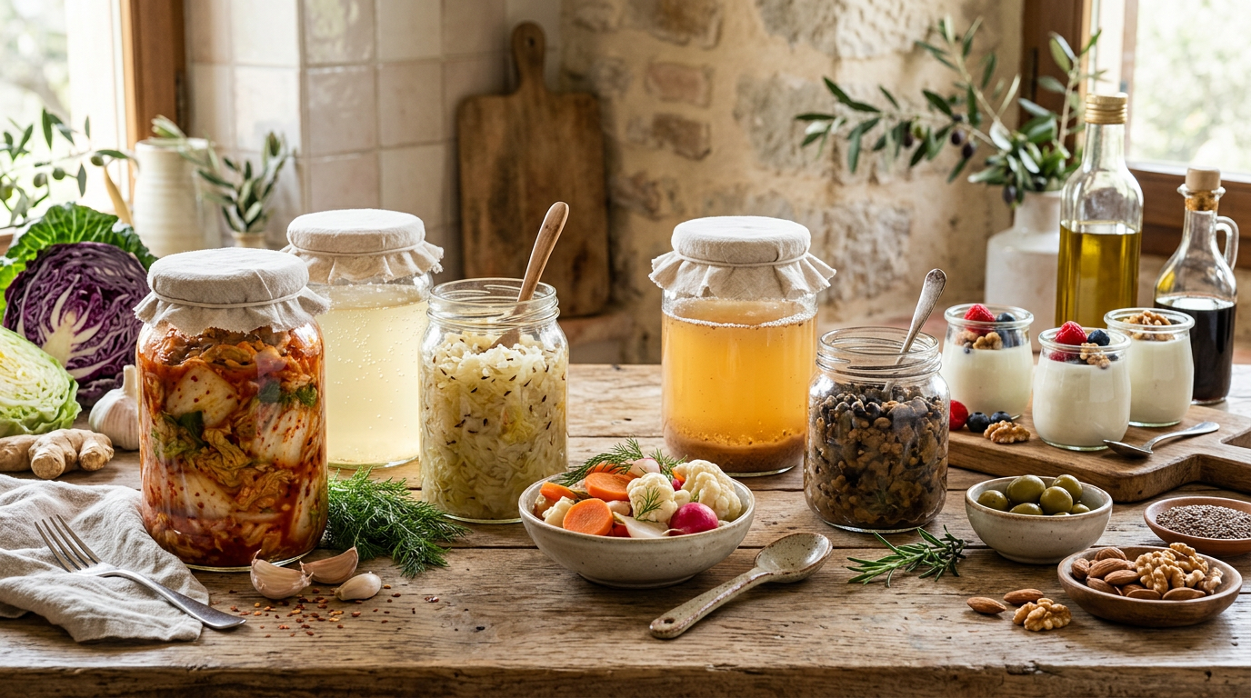 Ciotole di vetro con diversi alimenti fermentati come crauti, kimchi e kefir d'acqua