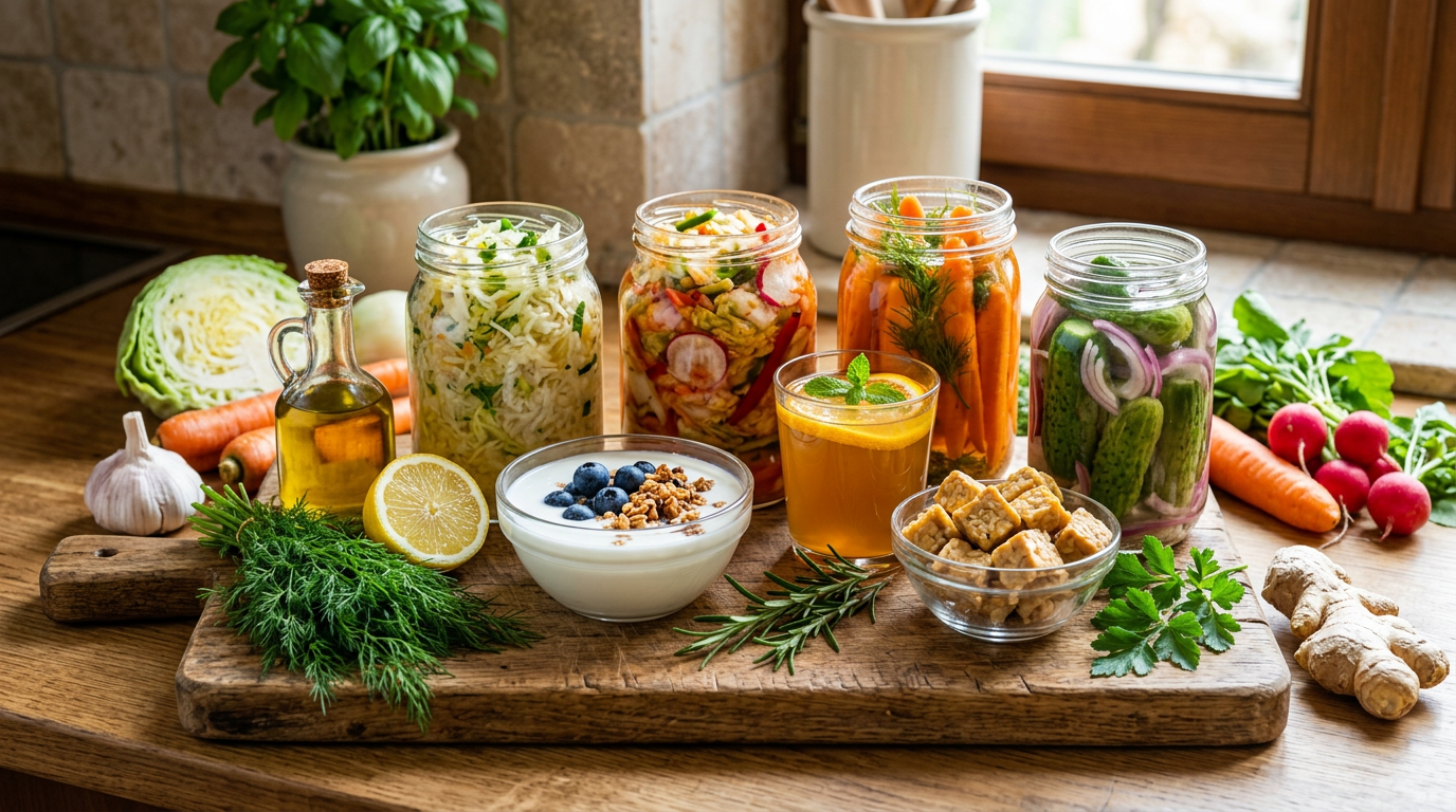 Varie ciotole con alimenti fermentati colorati: kimchi, crauti, kombucha, tempeh e miso.
