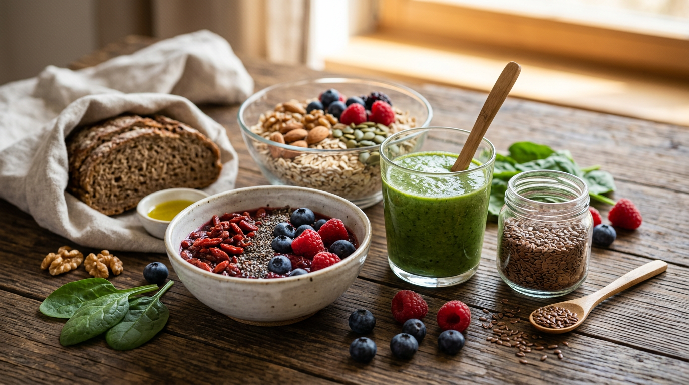Verdure fresche colorate e cereali integrali disposti su un tavolo di legno, rappresentanti alimenti funzionali.