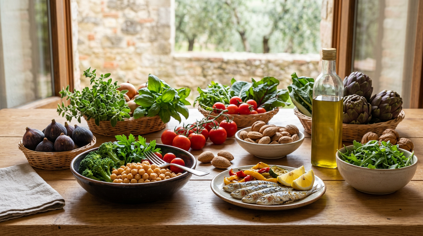 Cesto in vimini ricco di verdure fresche e colorate di stagione, come pomodori, melanzane, basilico e piselli.