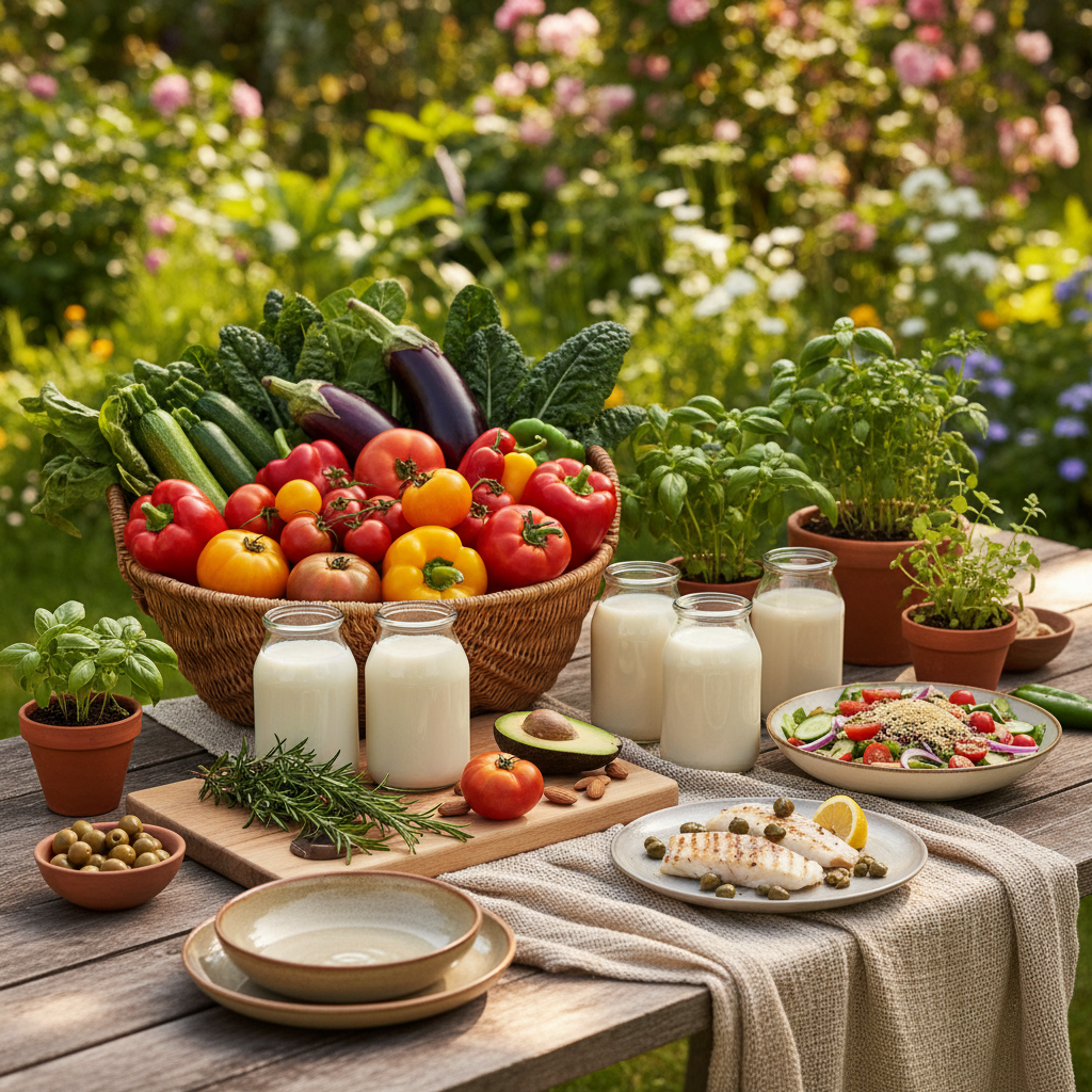 Cesto di prodotti senza lattosio, inclusi latti vegetali, frutta e verdura fresca e semi oleosi.