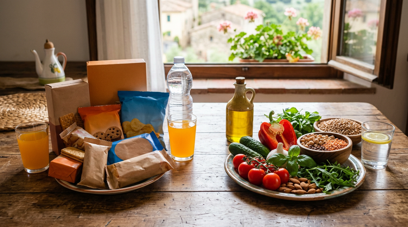 Un carrello della spesa contiene scatole di cereali, bevande zuccherate e altri alimenti confezionati, un simbolo del consumo di ultra-processati.