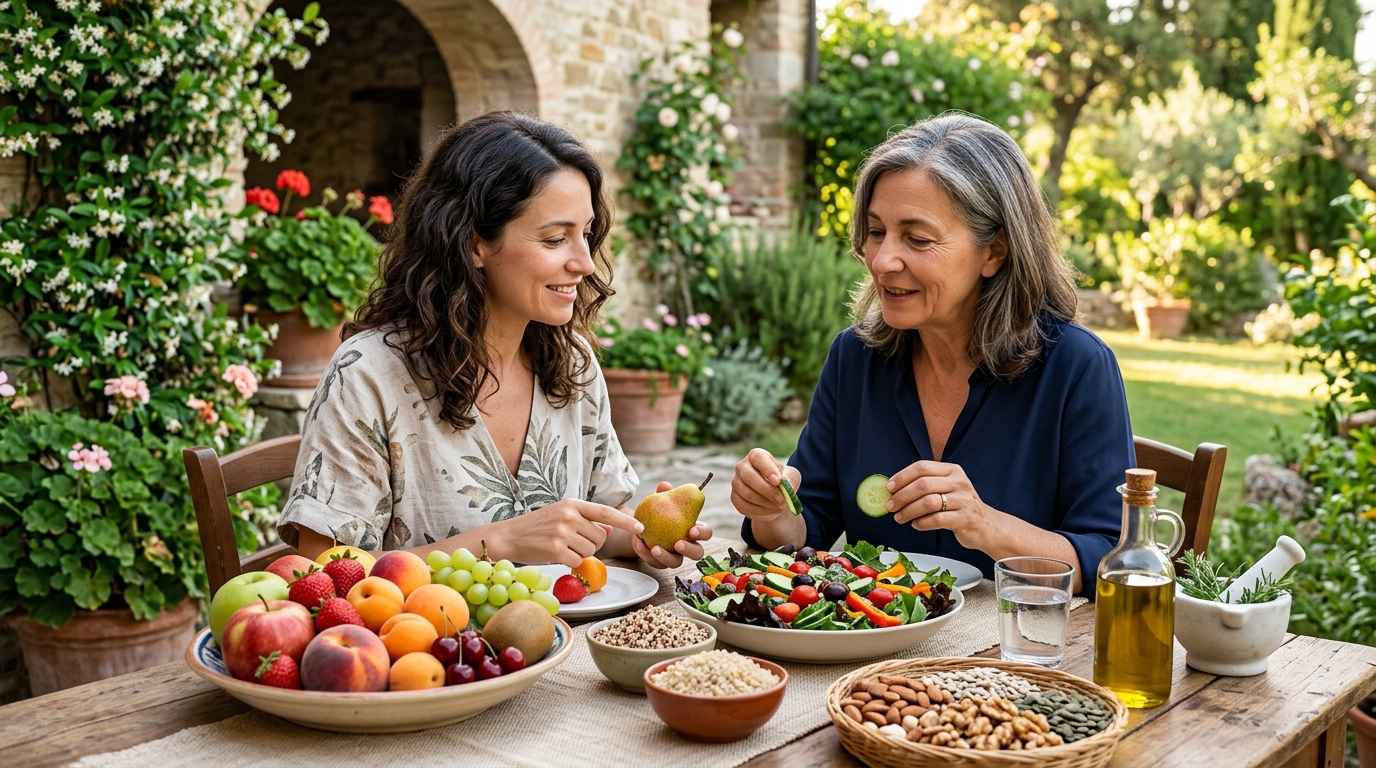 Ciotola colorata di frutta e verdura fresca di stagione con forchetta, in un ambiente luminoso.
