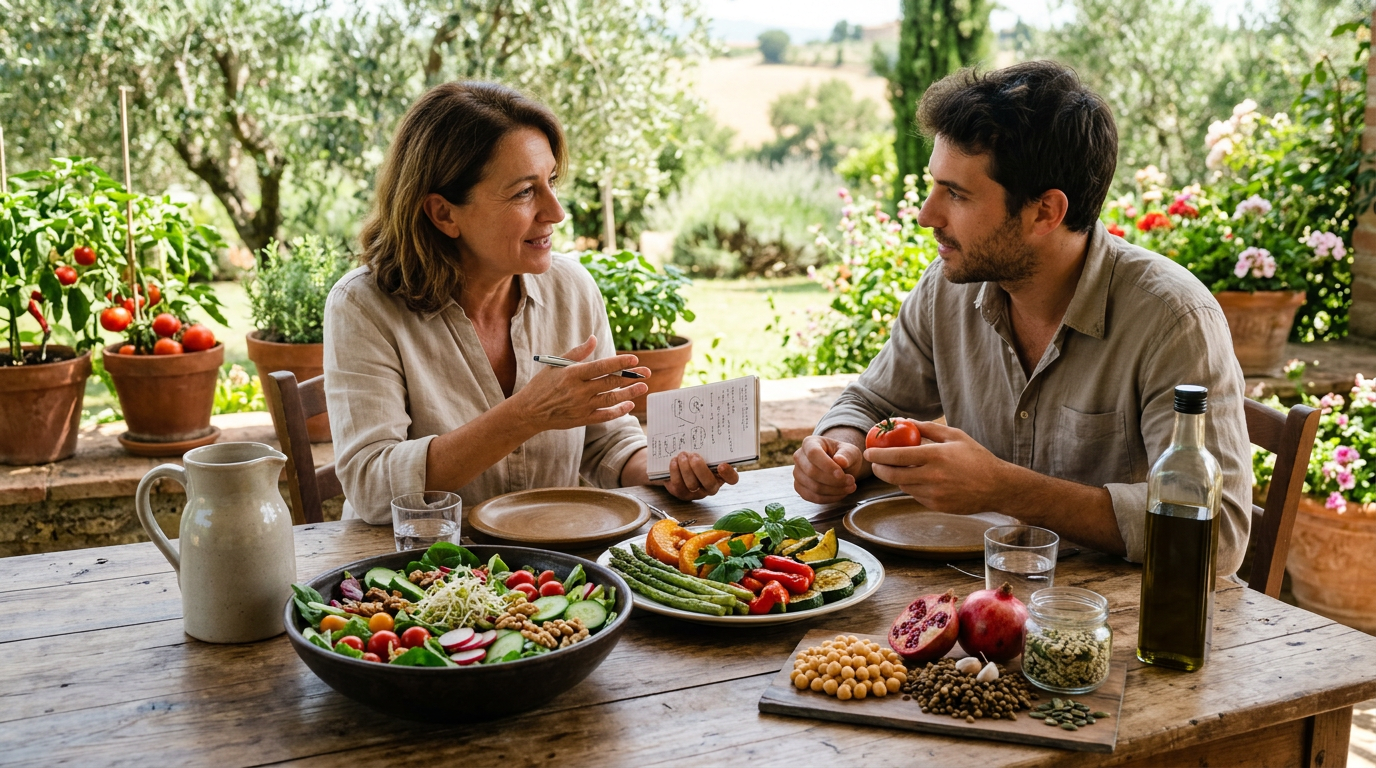 Donna che mangia una ciotola di frutta e yogurt con calma e attenzione, con ingredienti freschi sul tavolo.