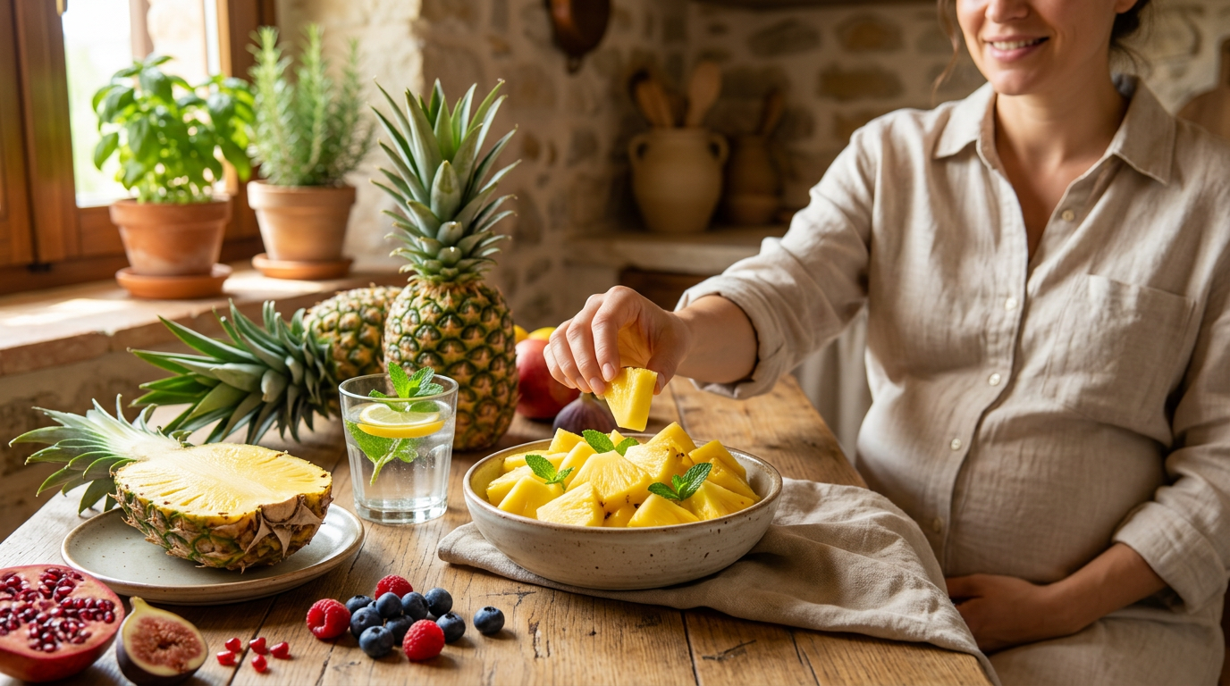 Una donna incinta sorridente tiene tra le mani una fetta di ananas fresco in una cucina luminosa