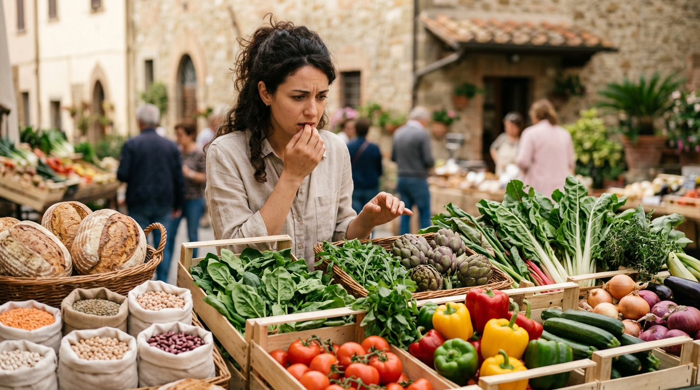 Donna che osserva con perplessità scaffali pieni di cibo al supermercato, con espressione pensierosa.