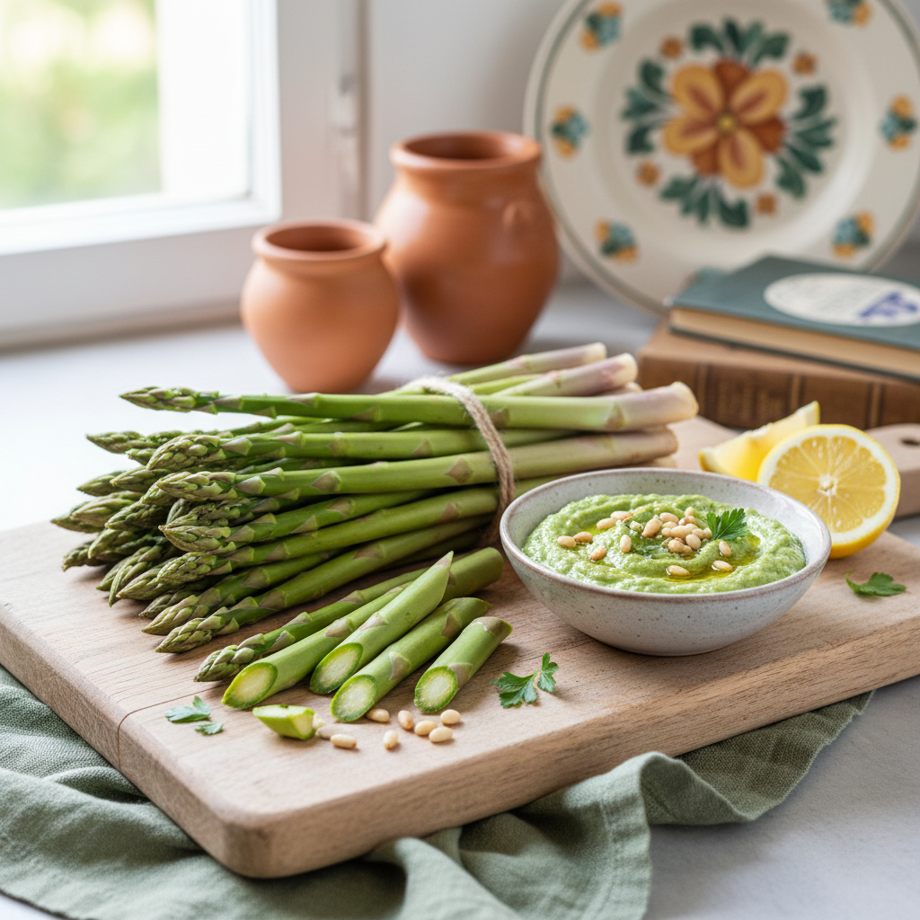 Cesto di asparagi freschi di stagione con limoni e erbe aromatiche