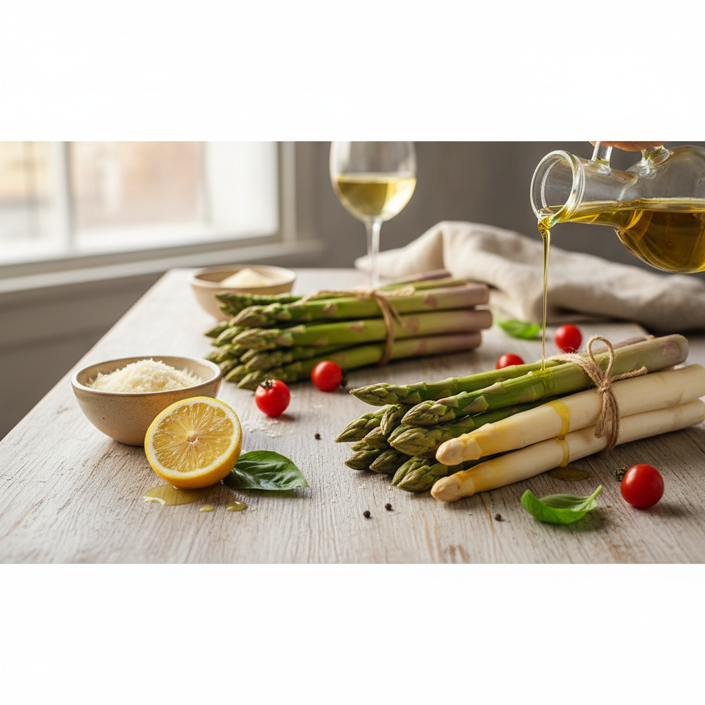 Cesto di asparagi freschi con erbe aromatiche su tavola di legno