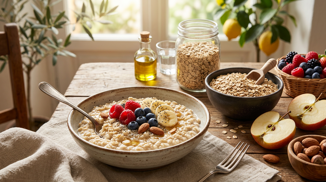 Ciotola di porridge di avena con frutti di bosco freschi e una spolverata di semi di chia