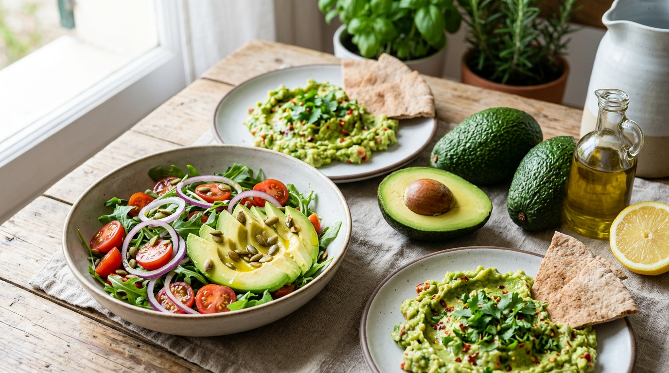 Avocado maturo tagliato a metà con il nocciolo, appoggiato su un tagliere di legno scuro.