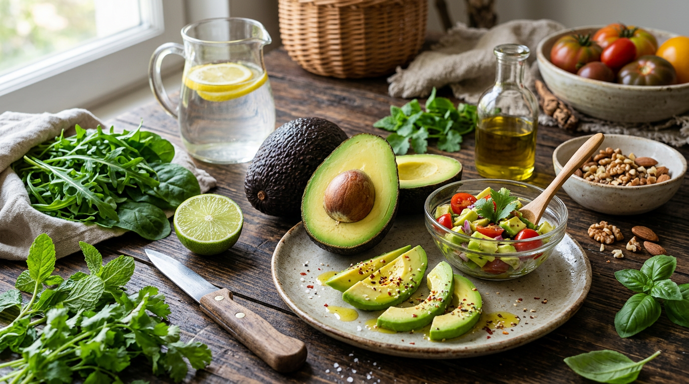 Avocado tagliato a metà con il nocciolo visibile, accanto a un avocado intero su un tagliere di legno.