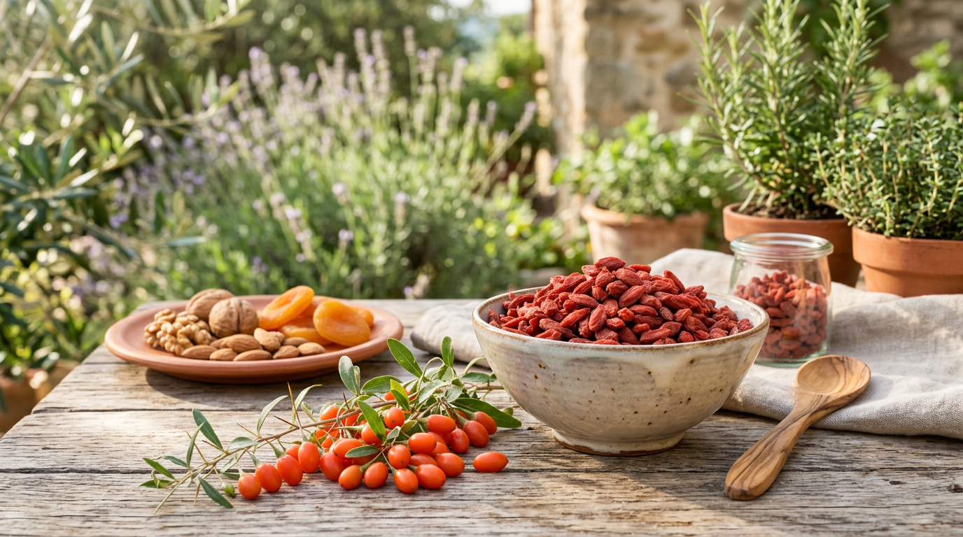 Ciotola di bacche di Goji essiccate di colore rosso vivo e lucido, con alcune bacche sparse accanto alla ciotola su una superficie di legno chiara.