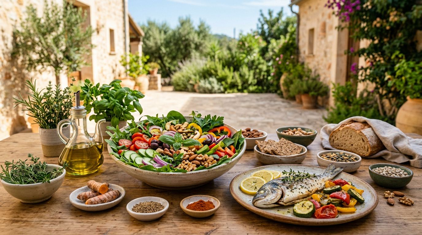 Tavolo in legno con una varietà di alimenti sani come verdure fresche, legumi, semi e frutta.