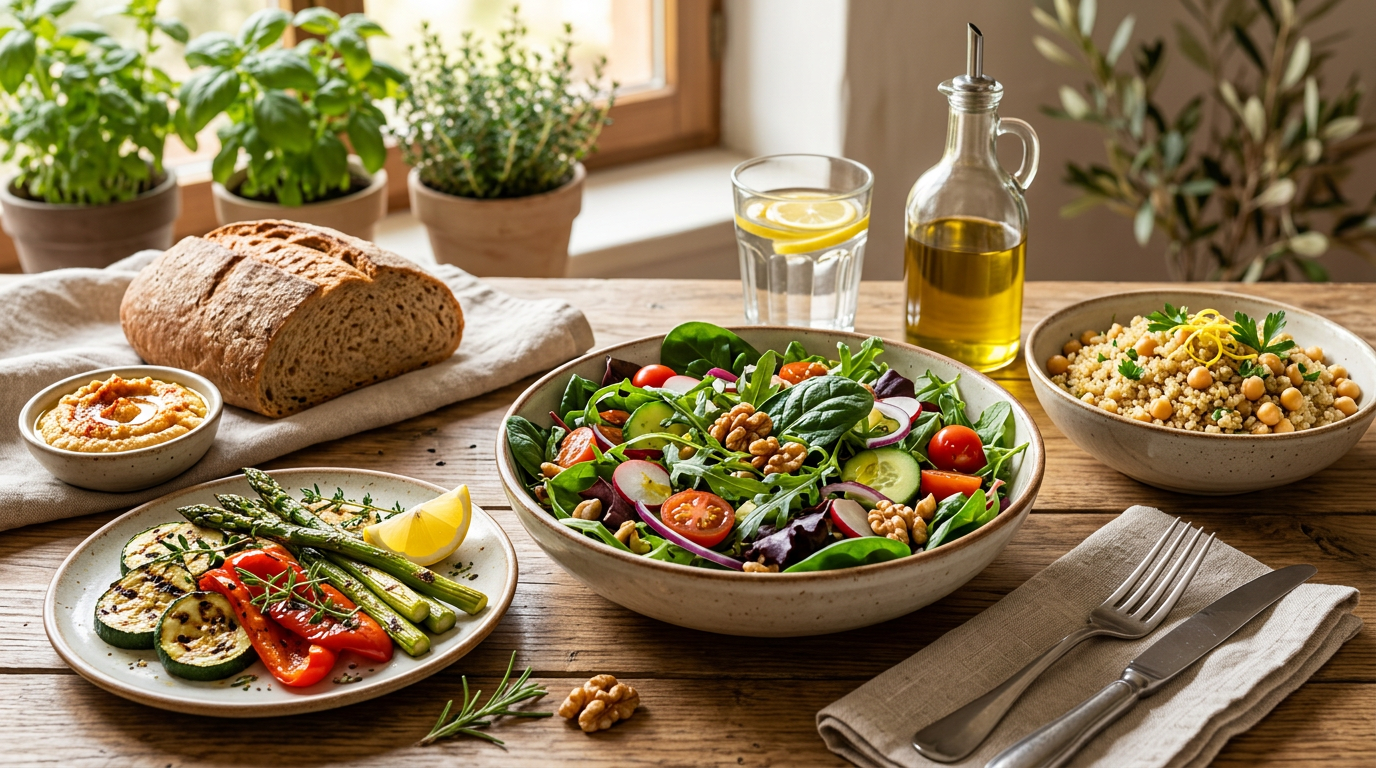 Donna che mangia un'insalata colorata e sorride, simbolo di benessere alimentare.