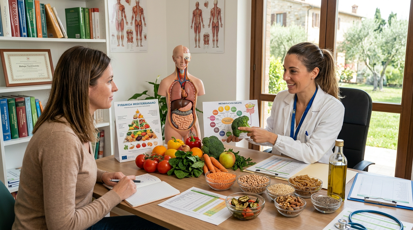 Professionista in camice bianco che sorride mentre spiega un piano nutrizionale a una paziente nel suo studio medico luminoso.