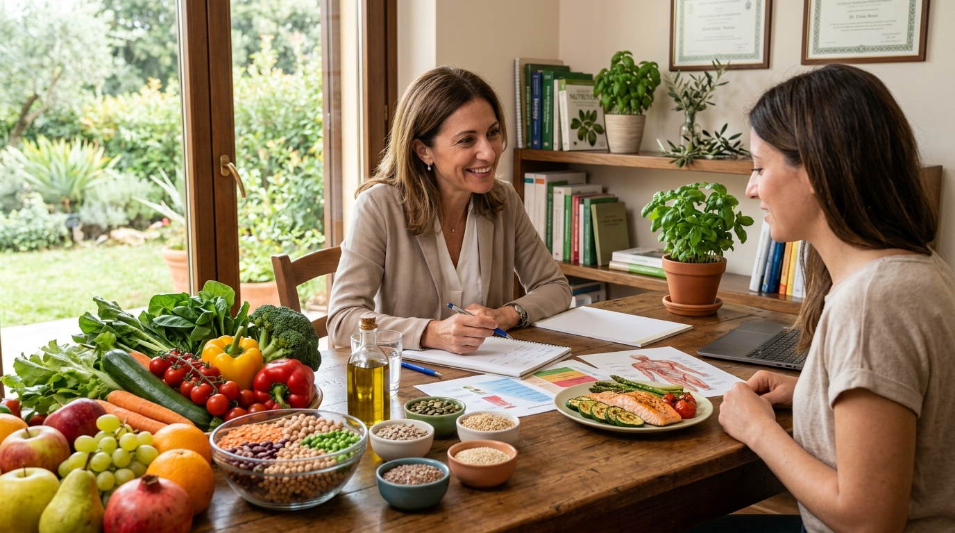 Donna con camice bianco che consulta dei libri di nutrizione, con una mela e un diario alimentare sul tavolo.