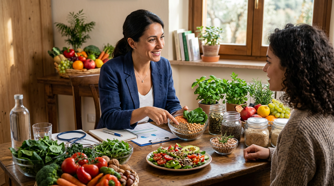 Donna biologa nutrizionista in camice bianco che sorride e tiene in mano un block notes con appunti sull'alimentazione.