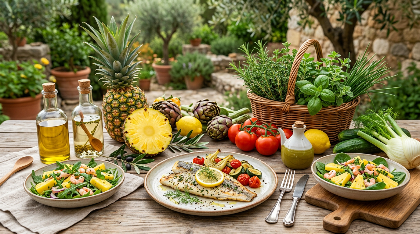 Fette di ananas fresco con goccioline d'acqua e foglie verdi sullo sfondo, simbolo di freschezza