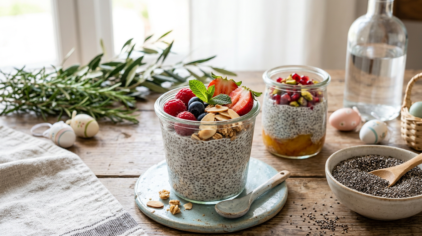 Un invitante budino di semi di chia decorato con frutti di bosco freschi, foglioline di menta e sciroppo d'acero, pronto per essere gustato. La composizione è curata e mostra i diversi strati del budino e colori vibranti della frutta.