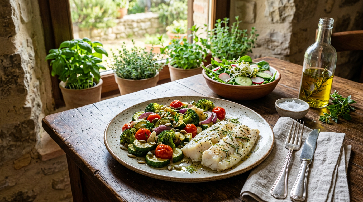 Assortimento di verdure a foglia verde, broccoli, avocado e limoni su un tavolo di legno scuro.