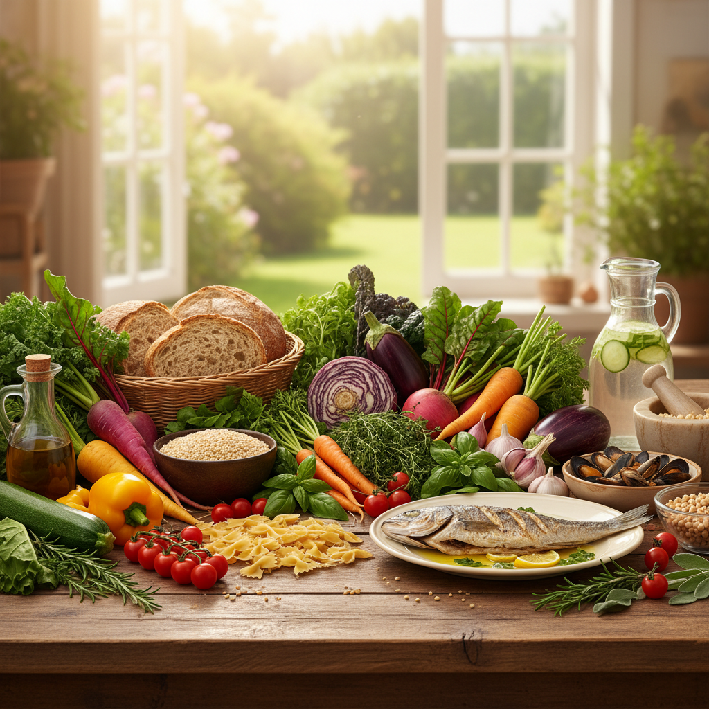 Cesto di verdure fresche, cereali integrali e frutta su un tavolo di legno chiaro, simbolo di una dieta sana e bilanciata