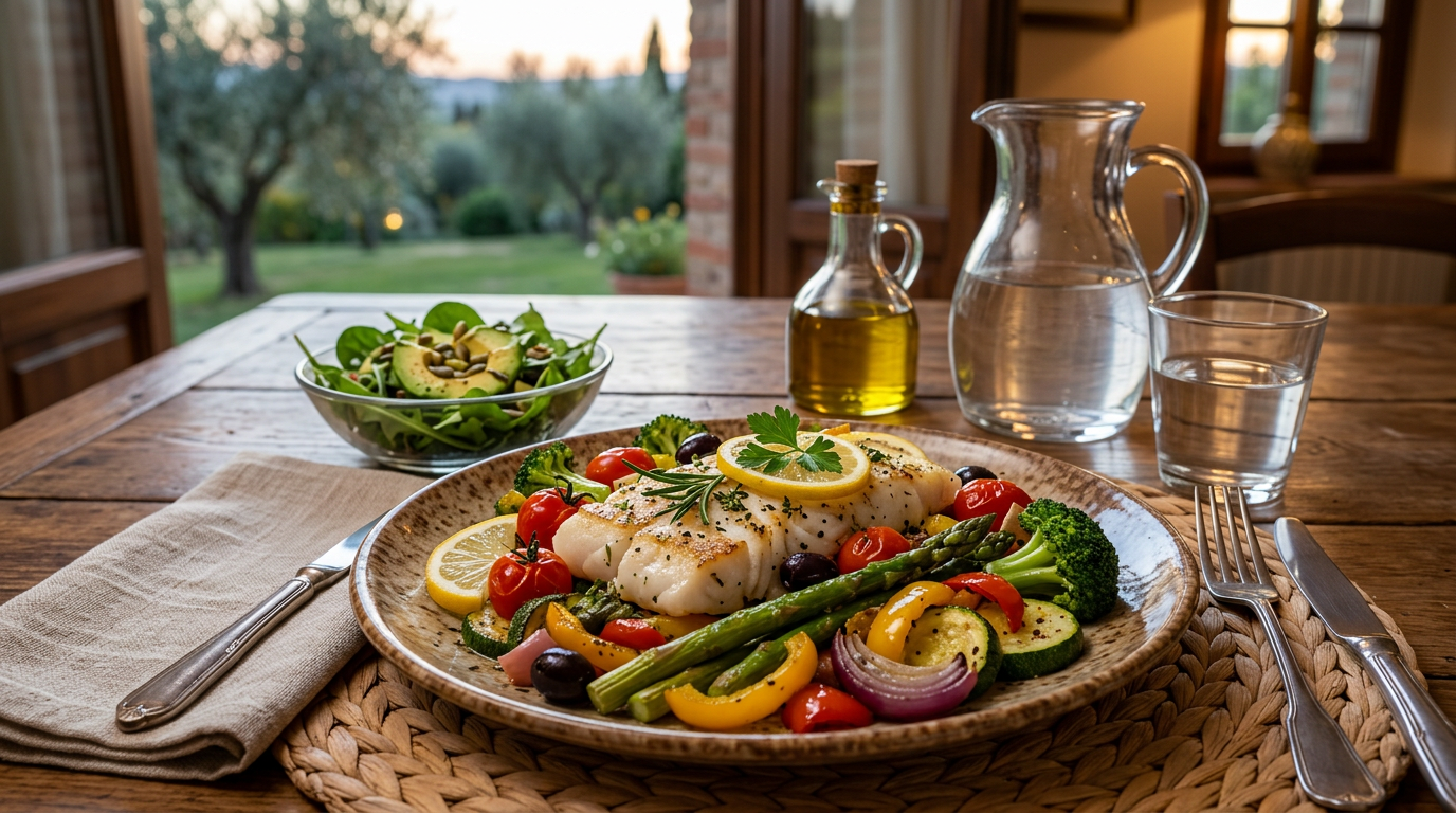 Piatto serale salutare con filetto di salmone grigliato, asparagi e un'insalata mista colorata.