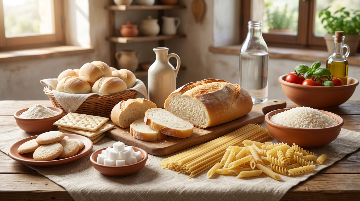 Pagnotta di pane bianco affettata su un tagliere di legno accanto a una ciotola di farina 00