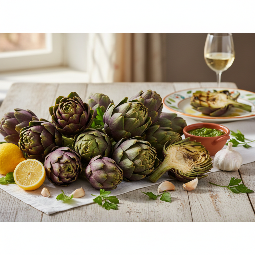 Cesto di carciofi freschi appena raccolti al mercato