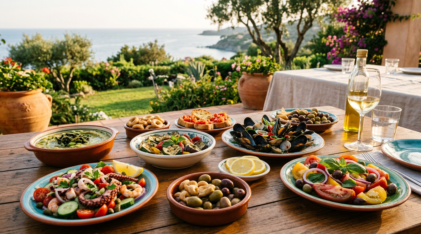 Tavola estiva all'aperto con un piatto di pesce alla griglia, un'insalata colorata e bicchieri d'acqua aromatizzata.