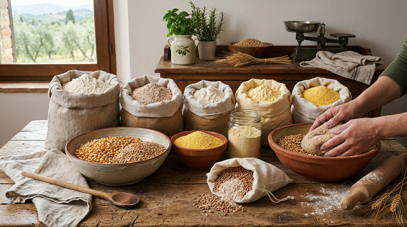 Varietà di cereali integrali e pseudo-cereali in chicchi, tra cui farro, quinoa e grano saraceno, disposti in ciotole di legno su un tavolo rustico.