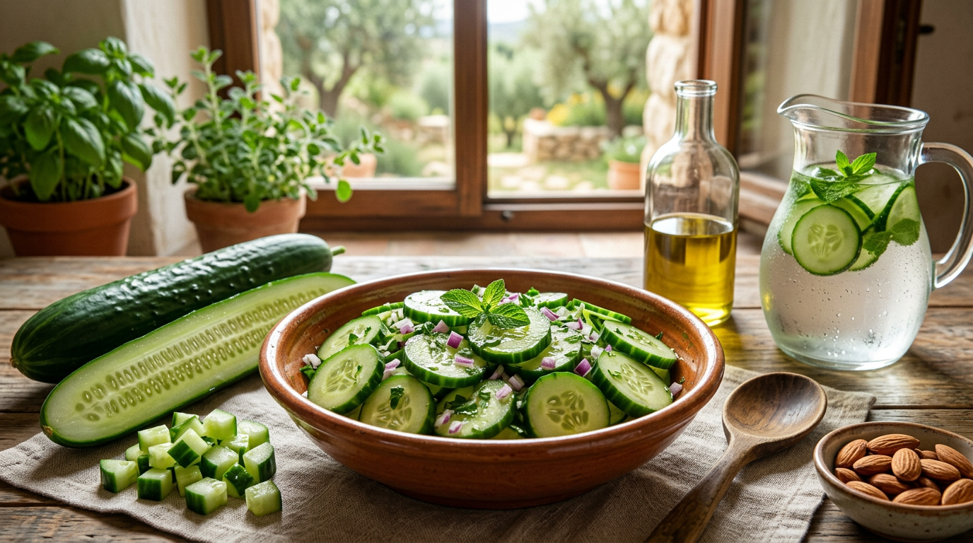 Cetrioli freschi su un tagliere in legno con alcune foglie di menta e goccioline d'acqua, simbolo di freschezza e idratazione estiva.